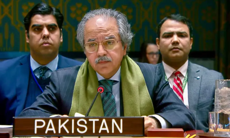 Pakistan&rsquo;s UN Ambassador Asim Iftikhar Ahmad At a high-level open debate in the UN Security Council on January 27. &mdash; Photo via X/@PakistanUN_NY
