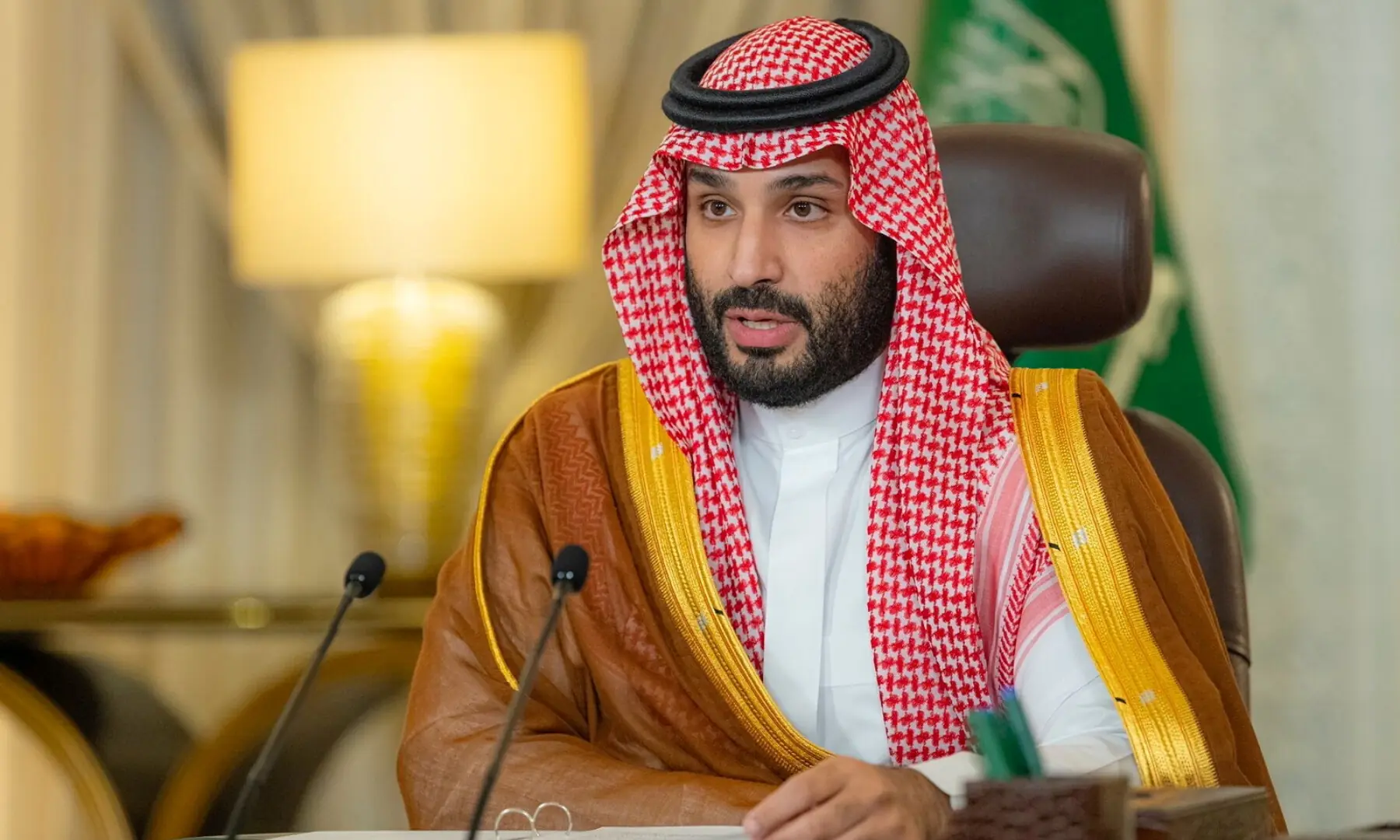 Saudi Crown Prince Mohammed bin Salman gives a speech from his office as he addresses the Saudi Green Initiative forum opening ceremony, in Riyadh, Saudi Arabia on Oct 23, 2021. &mdash; Courtesy of Saudi Royal Court via Reuters/File