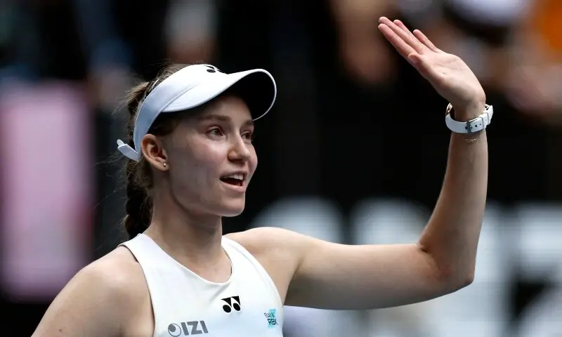 Kazakhstan’s Elena Rybakina celebrates after winning her quarter final match against Poland’s Iga Swiatek. —Reuters
