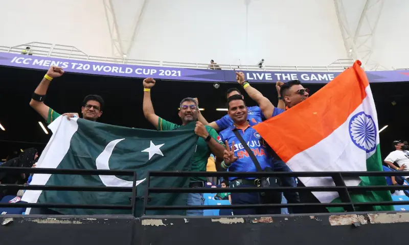 India and Pakistan fans display their flags in the stand before a match between India and Pakistan during the ICC Men&rsquo;s T20 World Cup 2021 at the Dubai International Stadium, Dubai on Oct 24, 2021. &mdash; Reuters/File