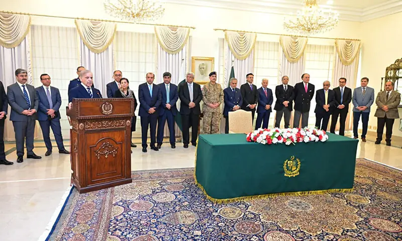 Prime Minister Shehbaz Sharif addresses a ceremony in Islamabad on January 29, where documents pertaining to the transaction of Pakistan International Airlines&rsquo; acquisition were signed. &mdash; X/@PTVNewsOfficial