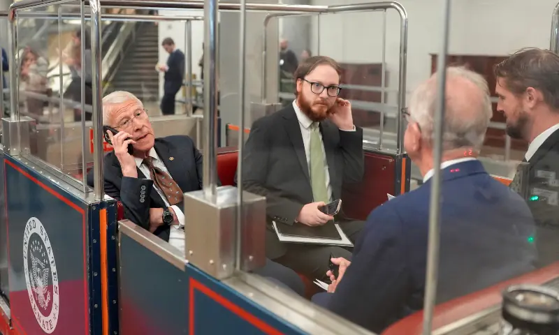 US Senators Roger Wicker (R-MS) and Jerry Moran (R-KS) use the US Capitol subway system, as members of Congress work to resolve a dispute over immigration enforcement and avert a looming partial government shutdown, on Capitol Hill in Washington, DC, US on January 29, 2026. &mdash; Reuters