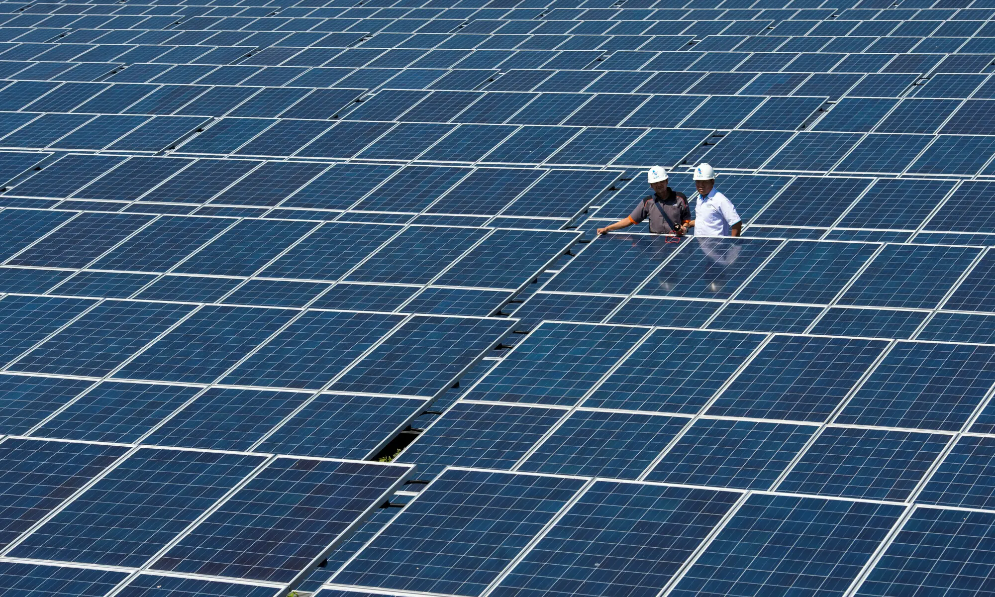 State Electricity Company officials stands between solar cell panels at the largest solar power plant in Indonesia, at Oelpuah village in Kupang. &mdash; Reuters/File