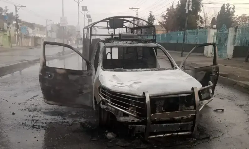 A charred vehicle stands on a road in Balochistan on Jan 31, 2026. — via Abdullah Zehri A charred vehicle stands on a road in Balochistan on Jan 31, 2026. — via Abdullah Zehri