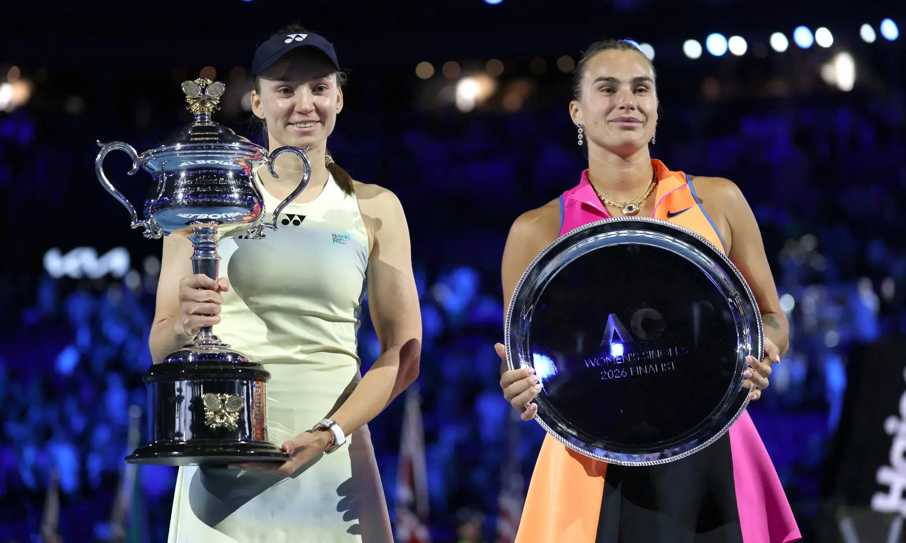 Kazakhstan’s Elena Rybakina (L), the women’s singles champion, and runner-up Aryna Sabalenka of Belarus pose for photos on the podium after the Australian Open women’s final on Day 14 of the tennis tournament in Melbourne on Jan 31, 2026. — AFP Kazakhstan’s Elena Rybakina (L), the women’s singles champion, and runner-up Aryna Sabalenka of Belarus pose for photos on the podium after the Australian Open women’s final on Day 14 of the tennis tournament in Melbourne on Jan 31, 2026. — AFP
