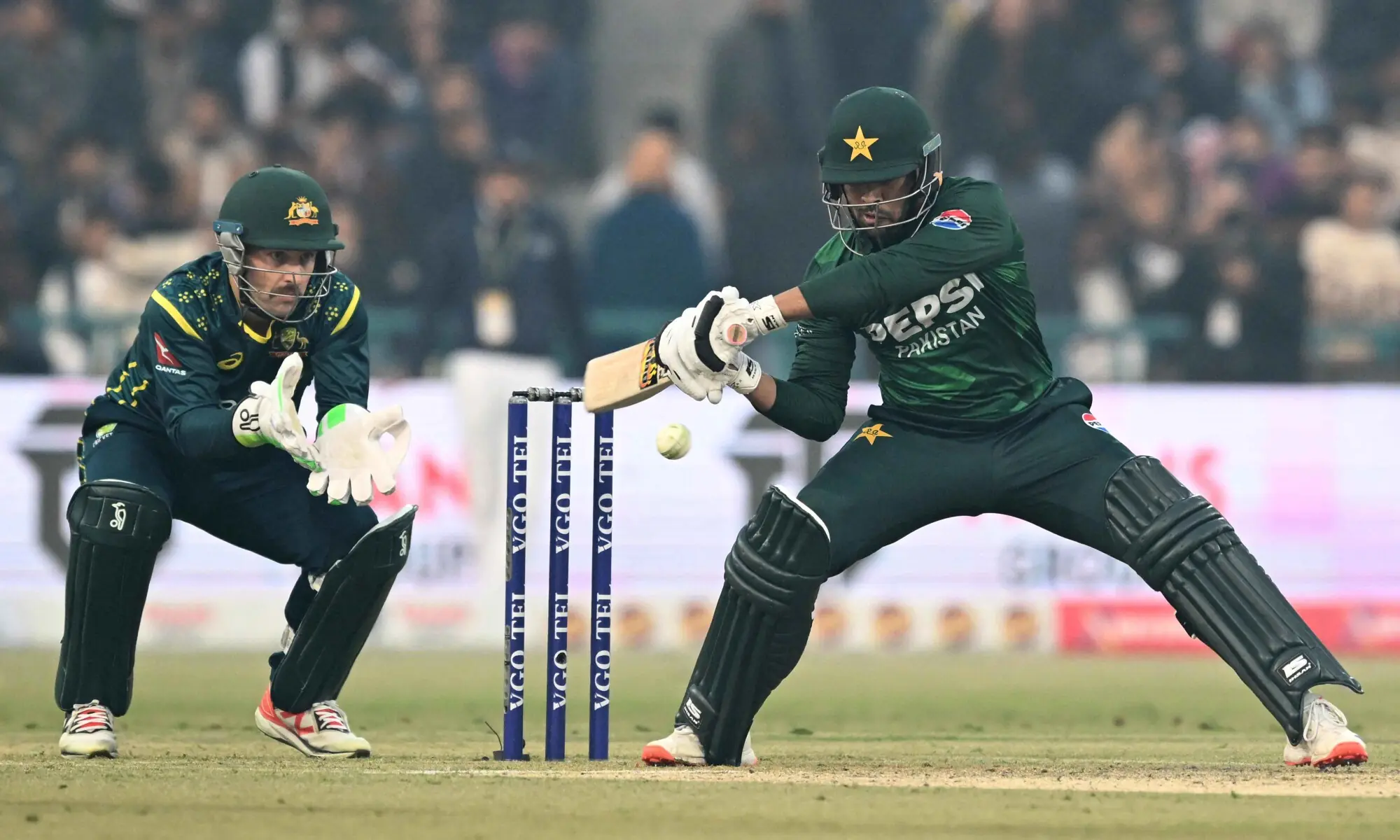 Usman Khan plays a shot during the second Twenty20 international cricket match between Pakistan and Australia at the Gaddafi Stadium in Lahore on January 31, 2026. &mdash; AFP
