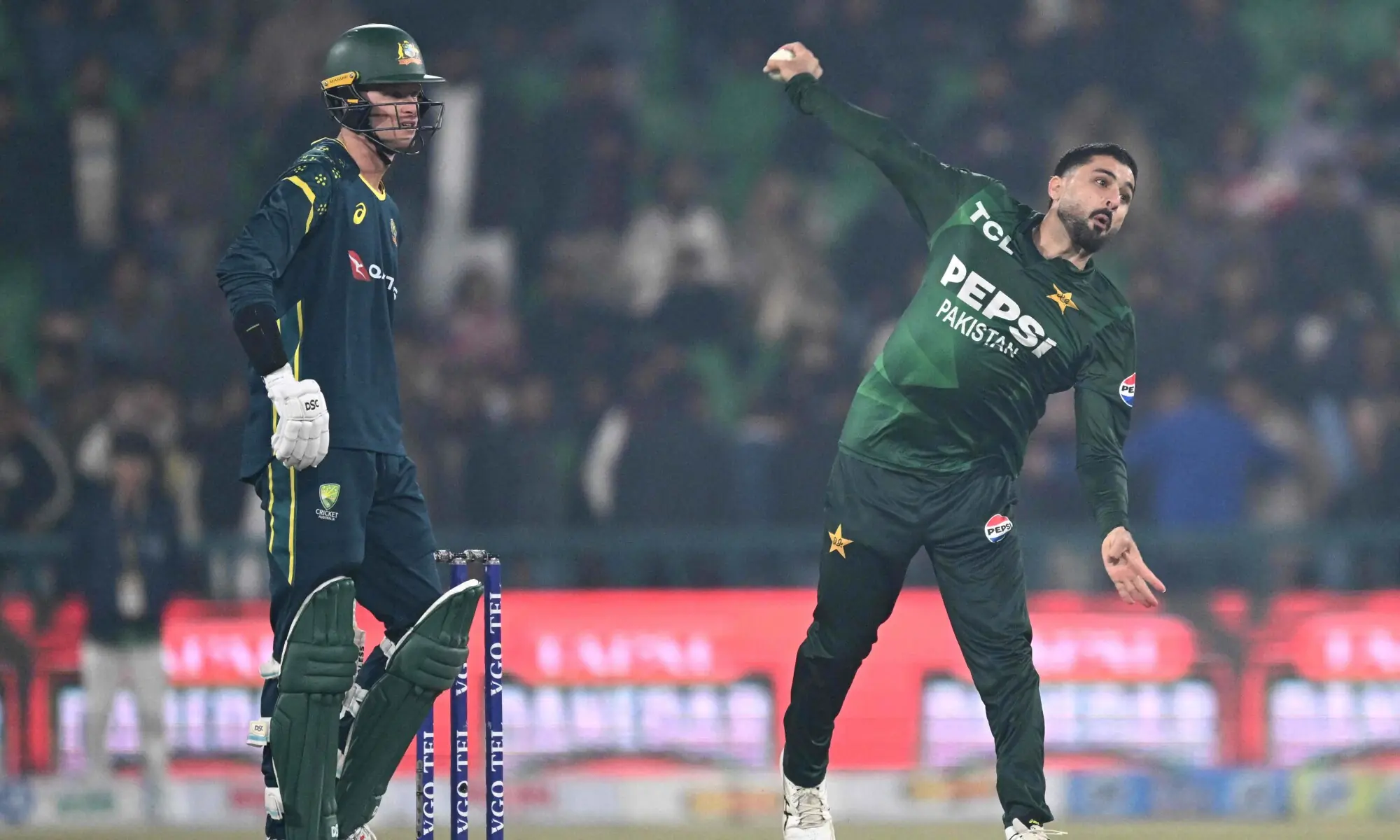 Pakistan&rsquo;s Abrar Ahmed bowls during the second Twenty20 international cricket match between Pakistan and Australia at the Gaddafi Cricket Stadiu in Lahore on January 31, 2026. (Photo by Arif ALI / AFP)