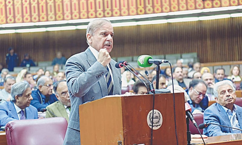 PRIME Minister Shehbaz Sharif speaks during a session of the National Assembly in November. &mdash; Dawn archive