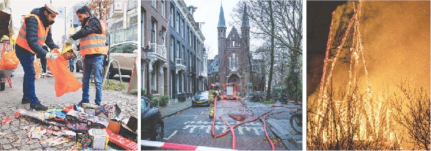 (LEFT to right) Muslims carry out a post-fireworks clean-up on New Year’s morning in the Neukoelln district of Berlin, Germany; firefighters work at the site of a fire that broke out in the tower of the Vondelkerk church in Amsterdam; and, the church tower is seen ablaze on New Year’s Eve.—Reuters/AFP
