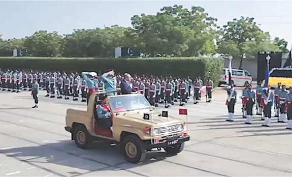 Interior Minister Mohsin Naqvi inspects the Guard of Honour in a vehicle during the Rangers passing-out parade. —Dawn