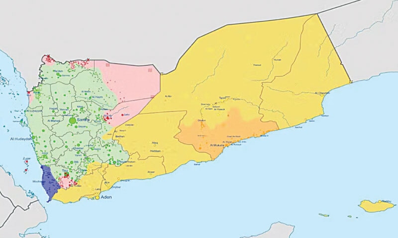 Pink or blue shaded areas depict territory controlled by the PLC or allied forces, yellow or orange depict territory controlled by the STC or allied forces, green depicts areas controlled by the Houthis | NordNordWest / Wikimedia Commons