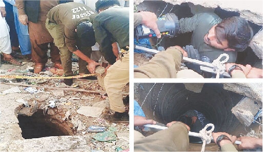 (Clockwise from left) A policeman and rescue worker remove the slab from the drain; another hands a searchlight to a diver, who enters the sewer with the help of ropes to rescue five members of a family in Korangi&rsquo;s Mehran Town.&mdash;PPI