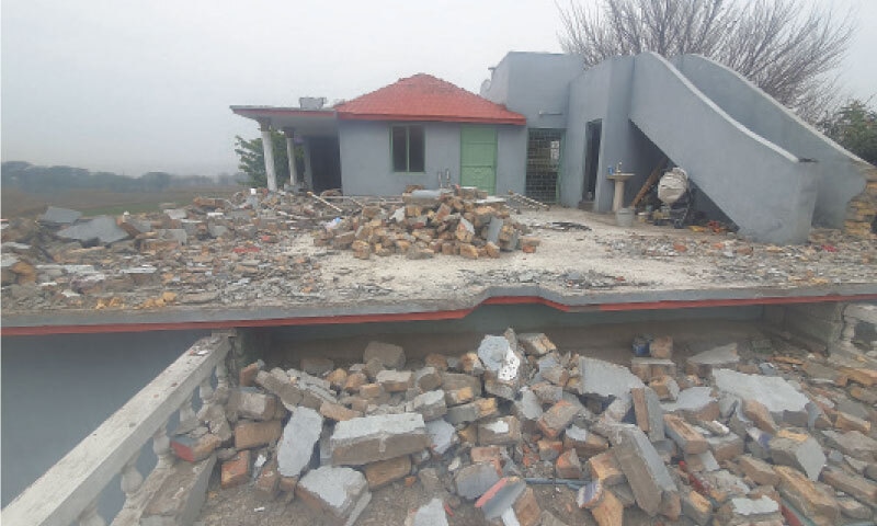 One of the palatial houses in Barwala village being demolished by the family.