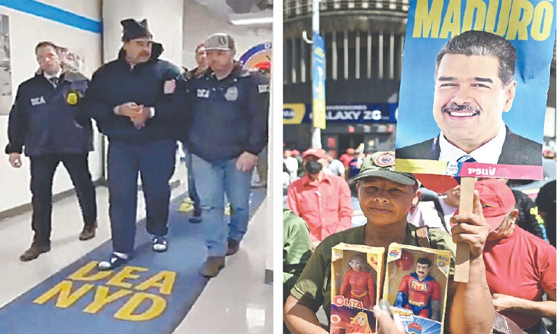 Venezuela&rsquo;s former ruler Nicolas Maduro is seen in Drug Enforcement Administration custody in New York; while (right) supporters of the ousted leader stage a protest in Caracas.&mdash;Reuters/AFP
