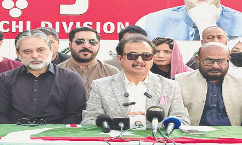 Haleem Adil Sheikh speaks, alongside others, at the press conference.—PPI Haleem Adil Sheikh speaks, alongside others, at the press conference.—PPI