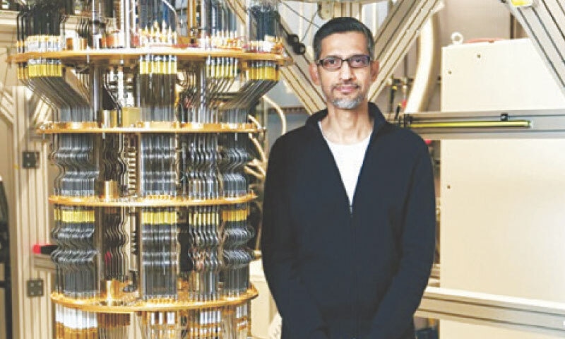 Alphabet CEO Sundar Pichai poses next to Willow, Google&rsquo;s quantum computer.&mdash;Courtesy Google Blog