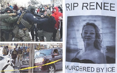 (CLOCKWISE from top left) Protestors clash with federal agents in St Paul, Minnesota; a portrait of the slain Renee Nicole Good is pasted to a light pole near the site of her shooting; and ICE agents gather near her vehicle after one of their colleagues shot and killed the 37-year-old mother and poet.&mdash;AFP / Reuters