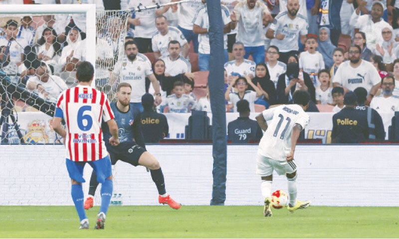 JEDDAH: Real Madrid&rsquo;s Rodrygo Goes shoots to score during the Spanish Super Cup semi-final against Atletico Madrid at the King Abdullah Sports City.&mdash;Reuters
