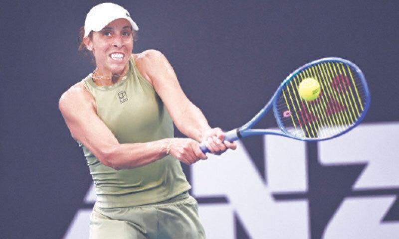 BRISBANE: Madison Keys of the US hits a return to Belarus’ Aryna Sabalenka during their Brisbane International match on Friday.—AFP BRISBANE: Madison Keys of the US hits a return to Belarus’ Aryna Sabalenka during their Brisbane International match on Friday.—AFP