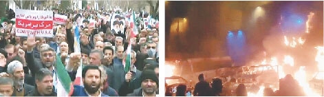 (LEFT) A screengrab shows pro-govt demonstrators chanting slogans as they march along a main street in Khorramabad in western Iran; while the photo on the right shows burning vehicles during anti-govt unrest in Tehran.&mdash;AFP/Reuters
