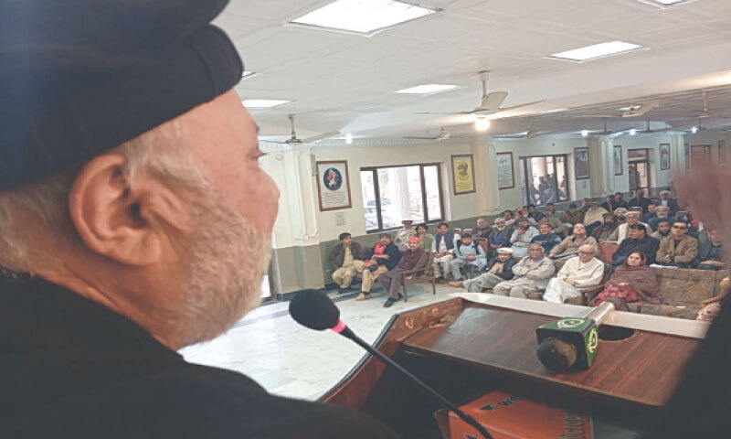 A SPEAKER addresses book launching ceremony at Bacha Khan Markaz in Peshawar on Saturday. &mdash; Dawn