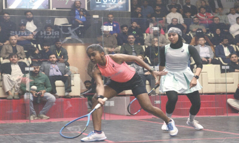 KARACHI: Malaysia&rsquo;s Sivasangari Subramaniam (L) eyes a return during the Karachi Open semi-final against compatriot Aifa Azman at the DA Creek Club on Saturday.&mdash;Tahir Jamal / White Star