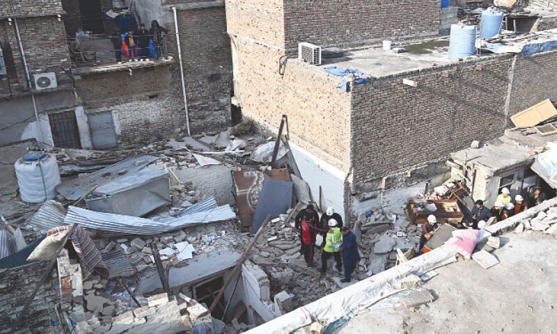 The ill-fated house that was destroyed following the gas cylinder explosion in Islamabad&rsquo;s G-7 area on Sunday. &mdash; Photo by Mohammad Asim