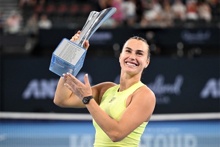  Aryna Sabalenka poses with the Brisbane International Trophy after beating Ukraine&rsquo;s Marta Kostyuk in the final at Pat Rafter Arena on Sunday.&mdash;Reuters 