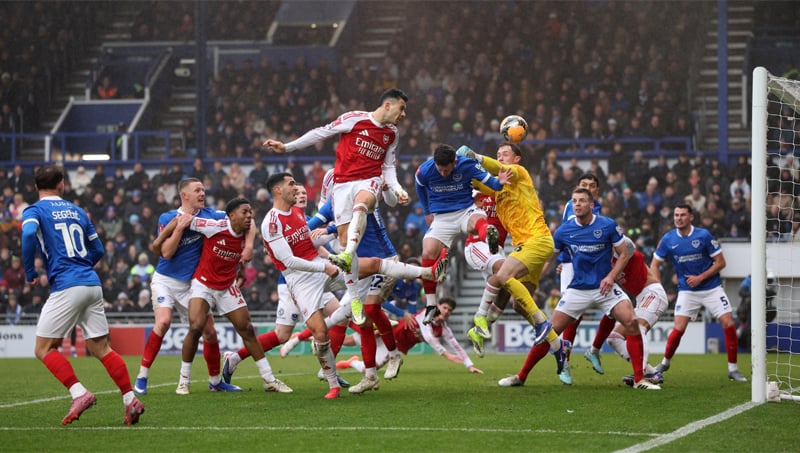 PORTSMOUTH: Arsenal’s Gabriel Martinelli heads to score during the FA Cup third-round match against Portsmouth at Fratton Park on Sunday.—Reuters