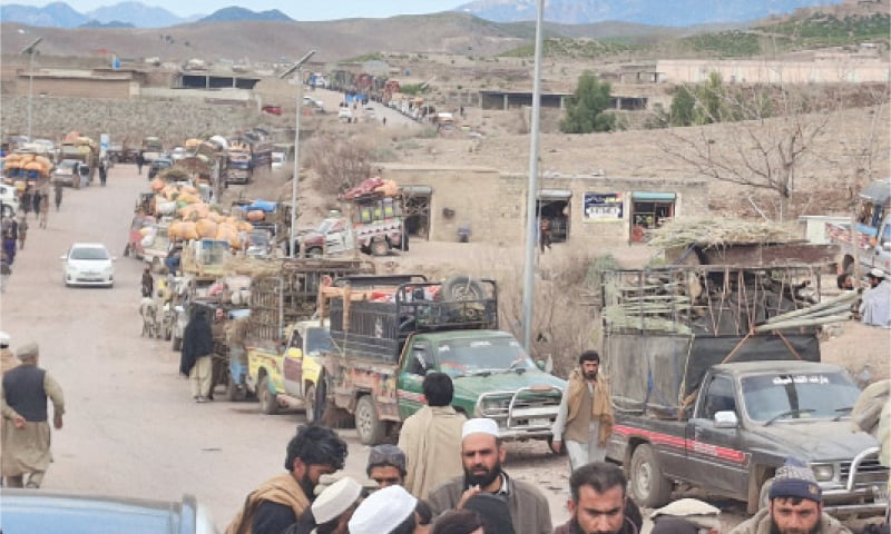 Vehicles carrying displaced families from Tirah wait in a queue on Bara road on Monday. &mdash; Dawn