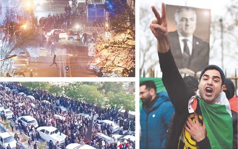 (CLOCKWISE from top left) Tear gas is used against demonstrators amidst a protest in the Iranian capital; an expat shouts slogans during an anti-government rally in London; and, mourners accompany a funeral procession for people said to have been killed in violence over the weekend, in Tehran.&mdash;Reuters / AFP