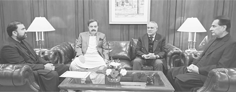 NATIONAL Assembly Speaker Ayaz Sadiq and Deputy Prime Minister Ishaq Dar hold a meeting with Balochistan Governor Jaffar Khan Mandokhail and Chief Minister Sarfraz Bugti at Parliament House in Islamabad.&mdash;White Star