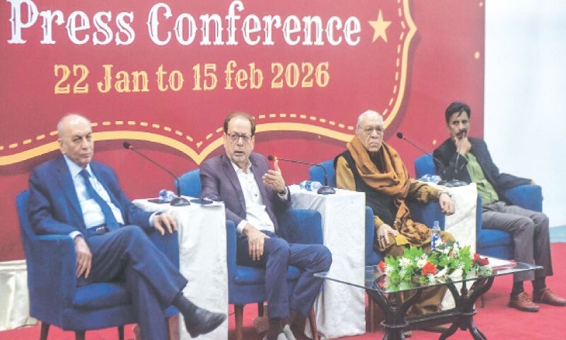 (LEFT to right) Arts Council Secretary Eijaz Farooqi, President Ahmed Shah, Vice President Munawwar Saeed, and Drama Committee Chairman Shehzad Raza Naqvi attend the press conference.—White Star (LEFT to right) Arts Council Secretary Eijaz Farooqi, President Ahmed Shah, Vice President Munawwar Saeed, and Drama Committee Chairman Shehzad Raza Naqvi attend the press conference.—White Star
