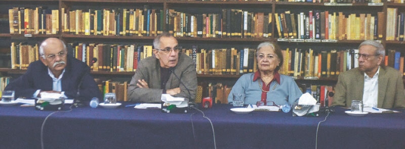 Dr S. Akbar Zaidi speaks as Dr Masuma Hasan, Dr Kaiser Bengali and Dr Muhammad Abid Rao look on.—Fahim Siddiqi / White Star
