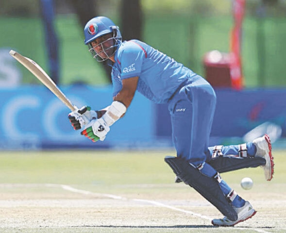 WINDHOEK: Afghanistan batter Mahboob Khan plays a shot during the U-19 World Cup match against the West Indies at the High Performance Oval on Sunday.&mdash;Courtesy ICC