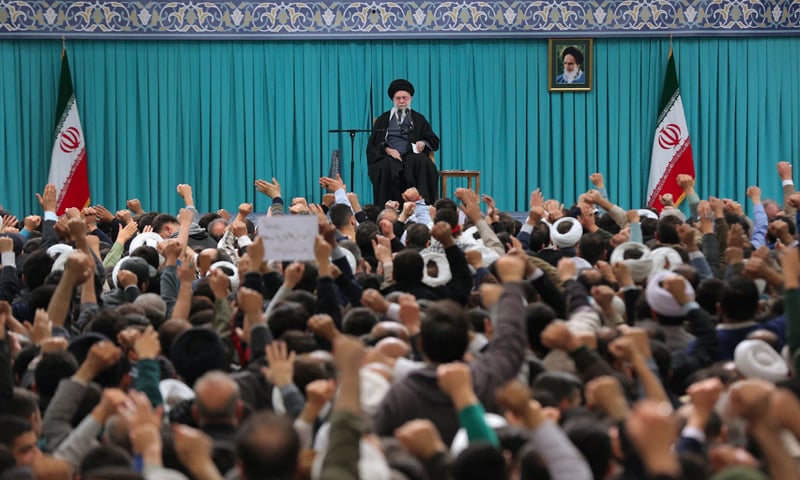 This handout photograph provided by the office of Iran&rsquo;s Supreme Leader Ayatollah Ali Khamenei shows him addressing people in Tehran. &mdash;AFP