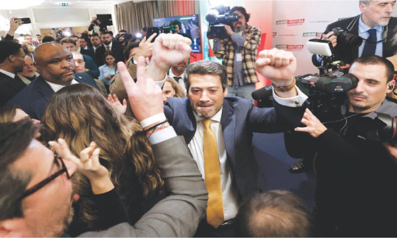 Lisbon: Chega (Enough) party leader Andre Ventura celebrates on the night of Portugal&rsquo;s presidential election first round.&mdash;AFP
