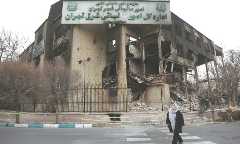 The state tax building in Tehran, which was set on fire during the recent protests.&mdash;Reuters