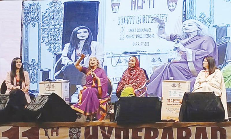 CLASSICAL dancer Sheema Kermani shares her views at the HLF session.&mdash;Umair Ali