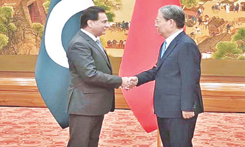 BEIJING: National Assembly Speaker Sardar Ayaz Sadiq shakes hand with Chairman of National People&rsquo;s Congress Zhao Leji during an official visit of Pakistani parliamentarians to China on Tuesday.&mdash;APP