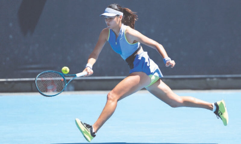MELBOURNE: Britain’s Emma Raducanu hits a return to Anastasia Potapova of Austria during their Australian Open match on Wednesday.—AFP MELBOURNE: Britain’s Emma Raducanu hits a return to Anastasia Potapova of Austria during their Australian Open match on Wednesday.—AFP