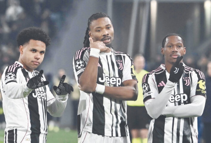 TURIN: Juventus&rsquo; Khephren Thuram-Ulien (C) celebrates after scoring with team-mates Weston McKennie (L) and Jonathan David during their match against Benfica at the Allianz Stadium.&mdash;AFP