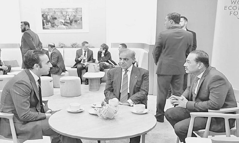 DAVOS: (left to right) PPP Chairman Bilawal Bhutto-Zardari, Prime Minister Shehbaz Sharif and Chief of Defence Forces Field Marshal Asim Munir exchange views on the sidelines of World Economic Forum.&mdash;White Star