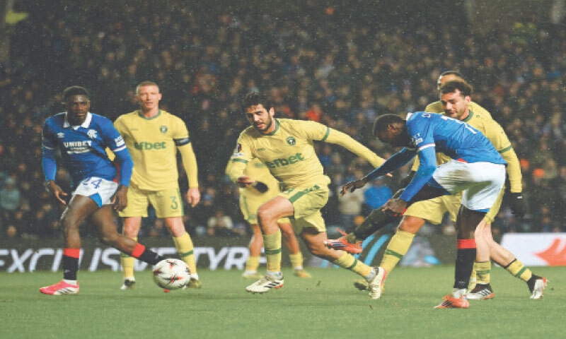 GLASGOW: Rangers’ Mohammed Diomande scores during the Europa League match against Ludogorets Razgrad at Ibrox Stadium.—AFP