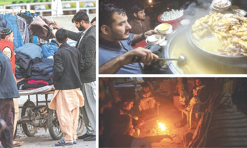 (Clockwise from left): People buy thicker jackets from a stall; the business of chicken broth and boiled eggs roars; and a group of shopkeepers gathers around a bonfire on a cold winter night. —Fahim Siddiqi / White Star (Clockwise from left): People buy thicker jackets from a stall; the business of chicken broth and boiled eggs roars; and a group of shopkeepers gathers around a bonfire on a cold winter night. —Fahim Siddiqi / White Star