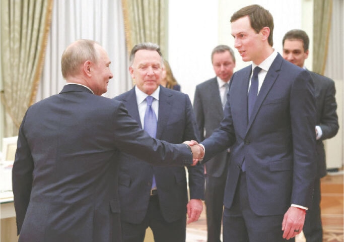 Russia’s President Vladimir Putin welcomes US President Donald Trump’s son-in-law Jared Kushner and US special envoy Steve Witkoff, during a meeting at the Kremlin.—AFP