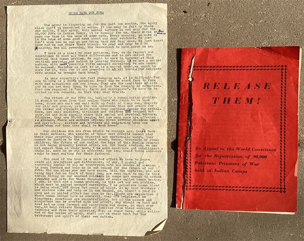 (Left) A draft for an article titled 'Bring Back Our POWs' written by Shahnaz Nawab. (Right) A booklet published by the National Council for Repatriation of POWs in 1973 calling for the release of Pakistani prisoners of war held in India