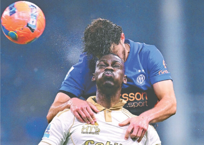 MILAN: Inter Milan&rsquo;s Carlos Augusto (top) and Pisa SC&rsquo;s Idrissa Toure go for a header during their Serie A match at the San Siro.&mdash;Reuters