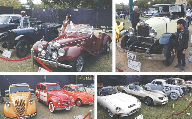  (Clockwise from top left): The dark blue hundred-year-old Austin Seven Chummy steals the show due to its advanced years from its neighbour, a maroon 1954 MG; the other centenary car, a 1926 Chevrolet Superior; a 1968 Jaguar E-Type Series 1.5 is standing beside a 1982 silver beige metallic collector&rsquo;s edition of the Chevrolet Corvette along with others; and, lastly, classic Fiat models of various shapes and sizes are showcased at the event.&mdash;Shakil Adil / White Star 