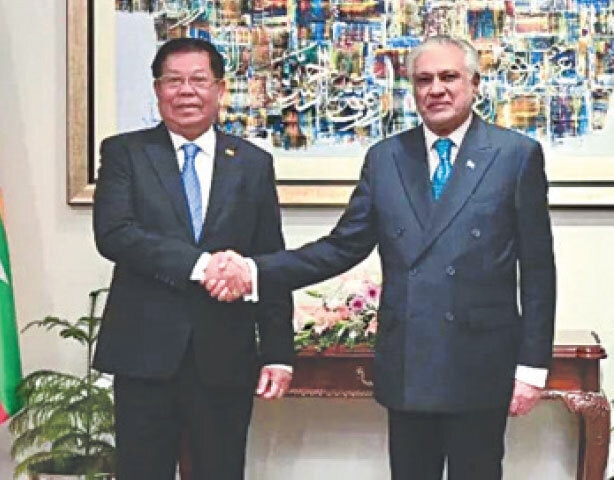 Foreign Minister Ishaq Dar shakes hands with Myanmar’s FM Than Swe at the Ministry of Foreign Affairs in Islamabad.
—X/ForeignOfficePk